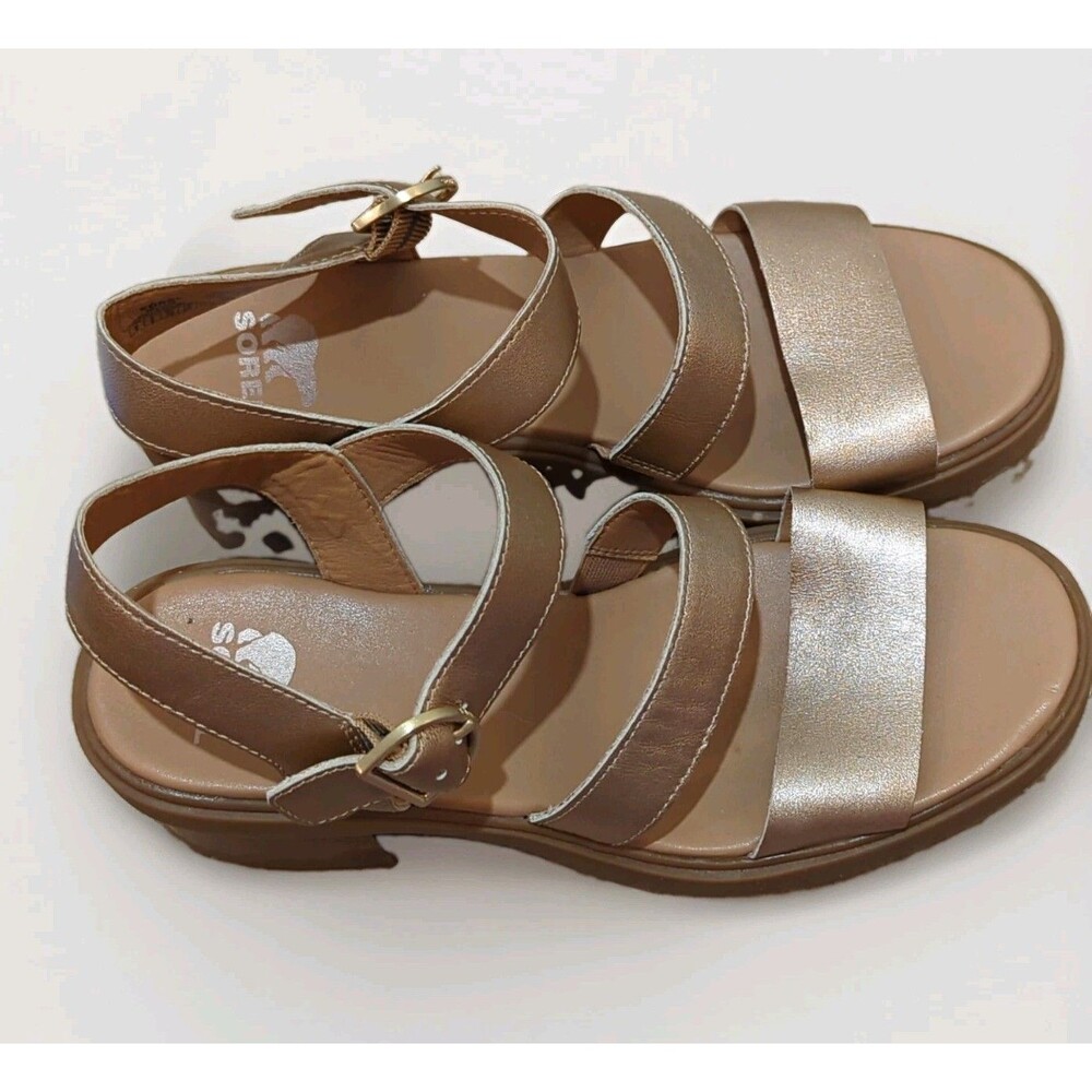 SOREL Women’s Gold Leather Strappy Buckle Block Heel Sandals US 8 EUC